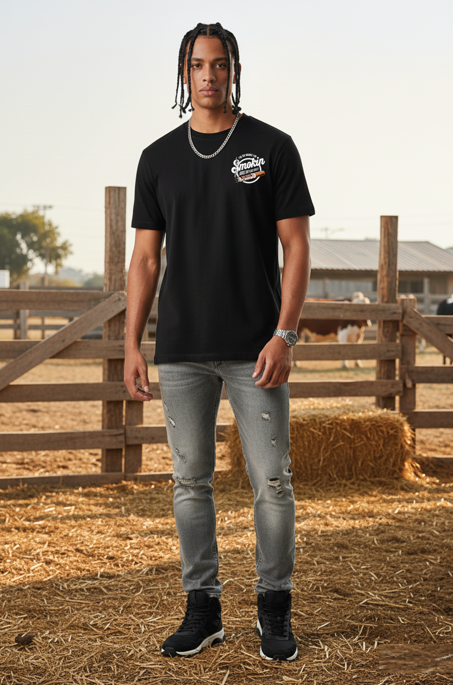 “I’m So Broke I’m Smokin’ Horse Sh*t N Bus Tickets” Tee Black