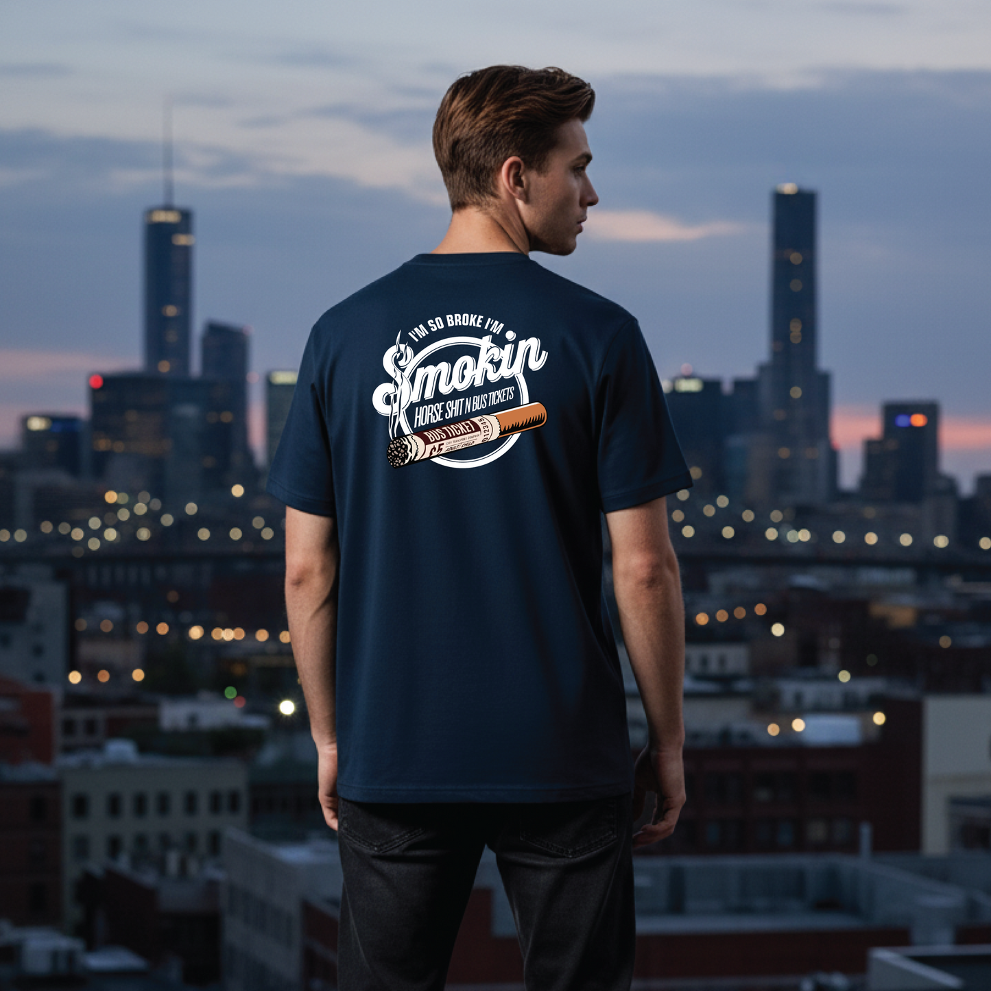 “I’m So Broke I’m Smokin’ Horse Sh*t N Bus Tickets” Tee Blue